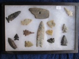 FRAME W/14 NATIVE AMERICAN OHIO ARTIFACTS INCL. 4 1/4