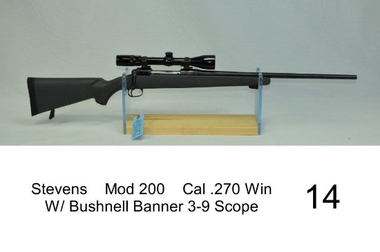 Stevens    Mod 200    Cal .270 Win    SN: G458367    W/ Bushnell Banner 3-9 Scope    Condition: 75%