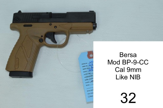 Bersa    Mod BP-9-CC    Cal 9mm    SN: G87260    Condition: Like NIB