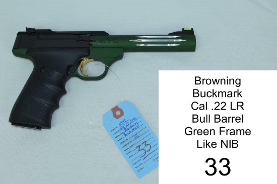 Browning    Buckmark    Cal .22 LR    Bull Barrel    Green Frame    SN: 515ZT17199    Condition: Lik