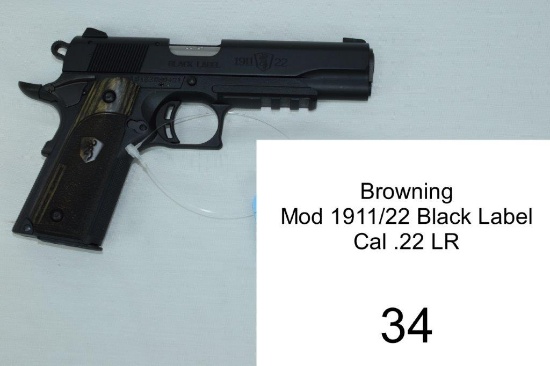 Browning    Mod 1911/22 Black Label    Cal .22 LR    SN: 51EZW59421    Condition: Like NIB