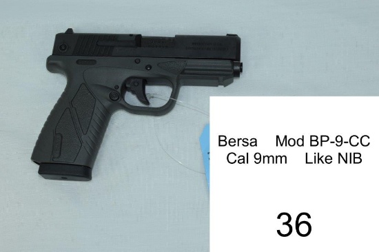 Bersa    Mod BP-9-CC    Cal 9mm    SN: G87335    Condition: Like NIB