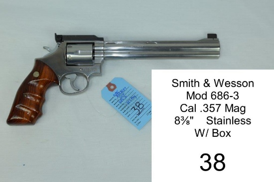 Smith & Wesson    Mod 686-3    Cal .357 Mag    8?"    Stainless    SN: BDR8587    Condition: 90% W/