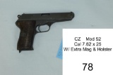 CZ    Mod 52    Cal 7.62 x 25    SN: LB514    W/ Extra Mag & Holster    Condition: 50%