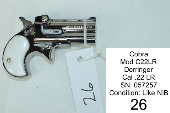 Cobra    Mod C22LR    Derringer    Cal .22 LR    SN: 057257    Condition: Like NIB