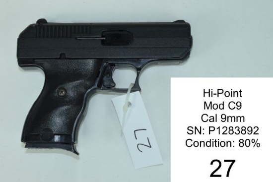 Hi-Point    Mod C9    Cal 9mm    SN: P1283892    Condition: 80%