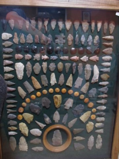 LARGE FRAME OF 116 NATIVE AMERICAN ARTIFACTS & SOME DECORATIVES