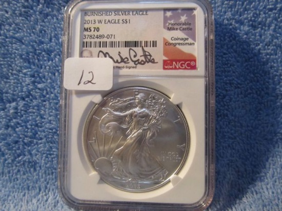 2013W SILVER EAGLE NGC MS70 BURNISHED MIKE CASTLE SIGNATURE