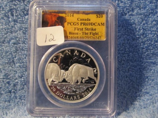 2014 CANADIAN "BISON-THE FIGHT" $20. SILVER PCGS PR69 DCAM FIRST STRIKE