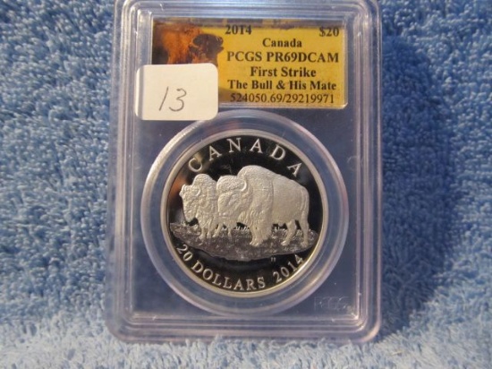 2014 CANADIAN "BISON-THE BULL & HIS MATE" $20. SILVER PCGS PR69 DCAM FIRST