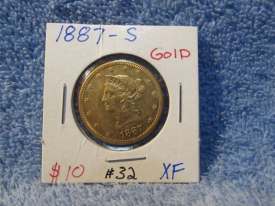 1887S $10. LIBERTY HEAD GOLD PIECE XF