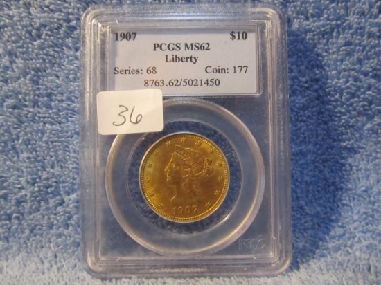 1907 $10. LIBERTY HEAD GOLD PIECE PCGS MS62