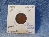 1922P LINCOLN DIE PAIR F RIM BUMPS