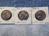 1981P,D,S, SUSAN B. ANTHONY DOLLARS (3-COINS) BU