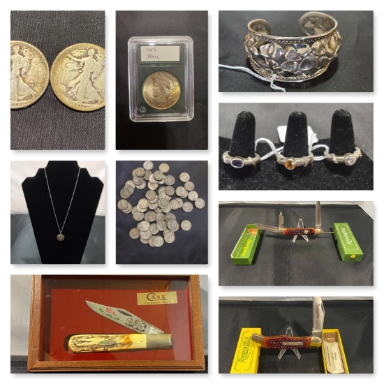 Coins, Knives, Sterling Jewelry and more