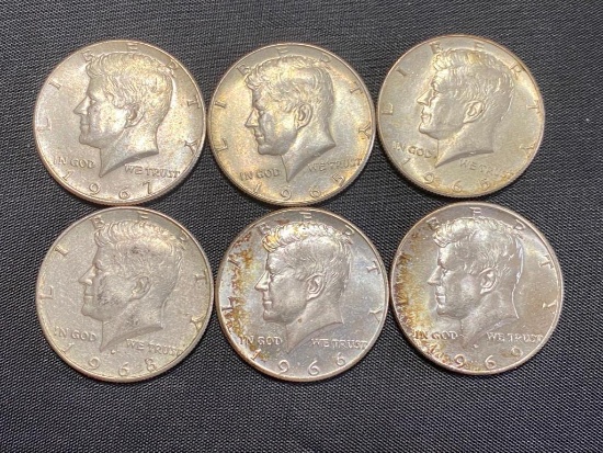 6- 40% Silver Half Dollars, all circulated