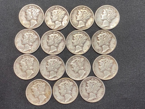 15 90% Silver Mercury Dime, 3 each of 1941,42,43,44,and 45, all "P"