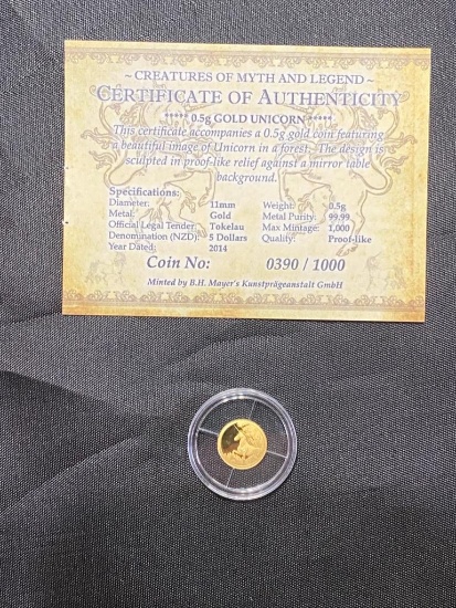 0.5g Gold Unicorn coin, 99.99 pure