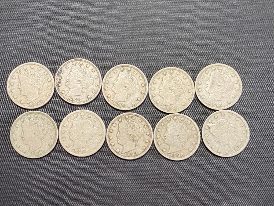 10- 1883 Liberty Nickels, one with "Cents", 9 without