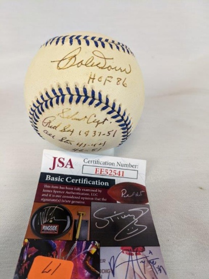 Bob Doerr signed 5 stats baseball, JSA. DiMaggio ball