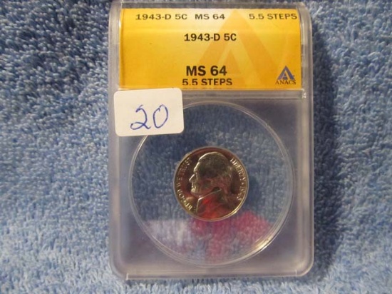 1943D JEFFERSON WAR NICKEL ANACS MS64 5.5-STEPS