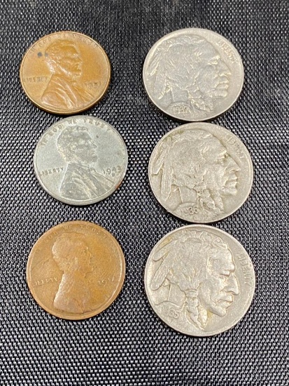 Misc coin lot, 1914, 1943-S, and 1951 Wheat. 1935, 1936 and 1937 Buffalo Nickels