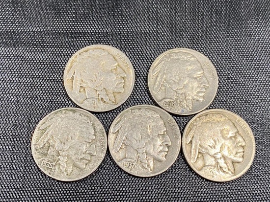 5- Buffalo Nickels, 1927, 1928, 1935, 1936 and 1937