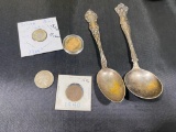 Silver Dime, Buffalo Nickel, 1940 Wheat, Gold Plate Nickel, Sterling Spoon and Plated Spoon