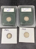 4 Barber Dimes, 2 in snap cases, 1901, 1902, 1905 and 1911