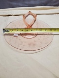 Vintage Serving Platter, with handle, pink depression glass, approx 11 inches across