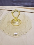 Vintage Serving Platter, with handle, yellow depression glass, approx 11 inches across