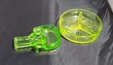 Vaseline Glass, one is a pipe holder, the other a divided candy dish