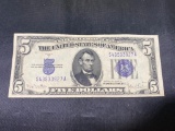 1934D $5.00 Silver Certificate, no folds or creases, off center serial number