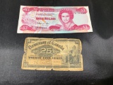 $3 Bahamas Bill and 1900 Dominion of Canada 25 cents fractional note, back has been taped together