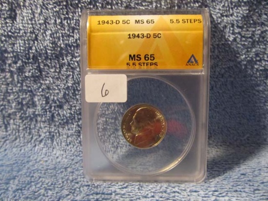 1943D JEFFERSON WAR NICKEL ANACS MS65 5.5-STEPS