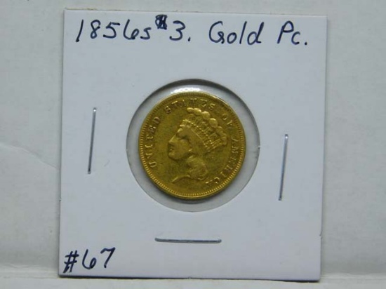 1856S $3. GOLD PIECE (RIM DING) XF