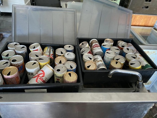 2 Covered containers with vintage beer can collection