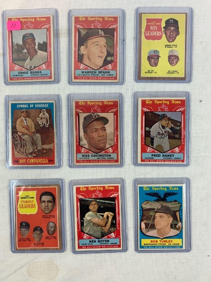 1959 Topps baseball lot of 9 cards w/Banks, Spahn, Campanella