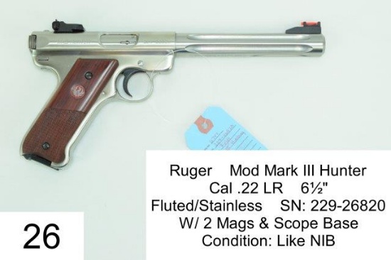 Ruger    Mod Mark III Hunter    Cal .22 LR    6½"    Fluted/Stainless    SN: 229-26820    W/ 2 Mags