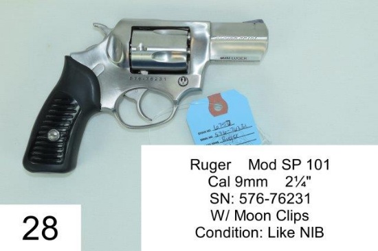 Ruger    Mod SP 101    Cal 9mm    2¼"    SN: 576-76231    W/ Moon Clips    Condition: Like NIB