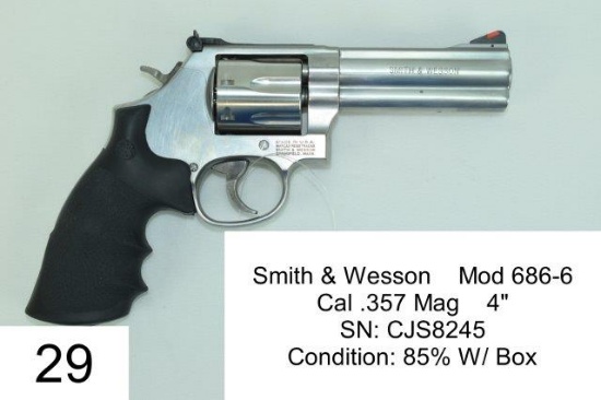 Smith & Wesson    Mod 686-6    Cal .357 Mag    4"    SN: CJS8245    Condition: 85% W/ Box