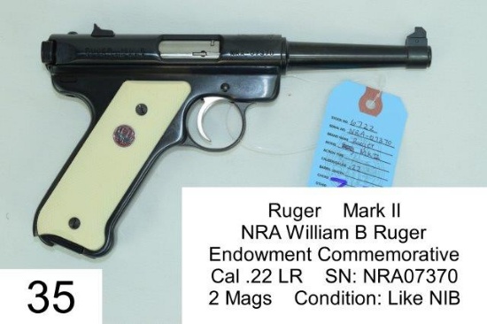 Ruger    Mark II    NRA William B Ruger Endowment Commemorative    Cal .22 LR    SN: NRA07370    2 M