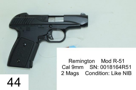 Remington    Mod R-51    Cal 9mm    SN: 0018164R51    2 Mags    Condition: Like NIB