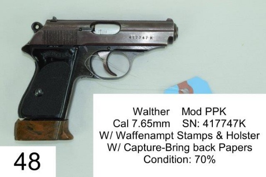 Walther    Mod PPK    Cal 7.65mm    SN: 417747K    W/ Waffenampt Stamps & Holster    W/ Capture-Brin