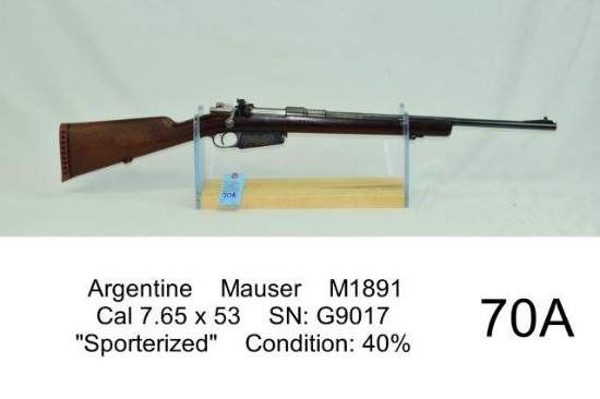 Argentine    Mauser    M1891    Cal 7.65 x 53    SN: G9017    "Sporterized"    Condition: 40%