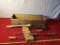 Wooden Box, wood clamp, mallet, small axe handle and chisel