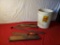 Butcher knife, wooden legs, slate tools and bucket