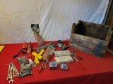 Vintage wooden box, with various newer tools, cord ends, pliers, wrenches and more