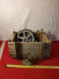 Wooden box with contents, reels and assorted door hardware