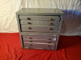 2- Metal 3 drawer organizers by Huot, with misc contents, approx 15 inches wide